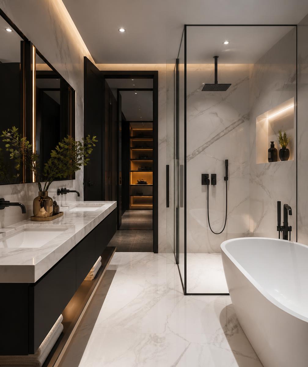 Spotless luxury marble bathroom after cleaning